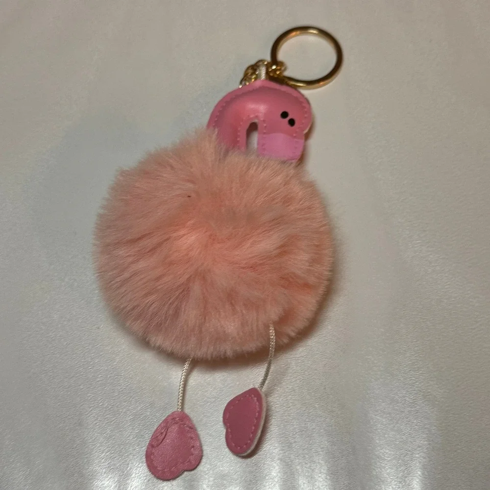 Pink Flamingo Pom Pom Faux Fur Keychain Bag Charm Gold Tone Ring‎